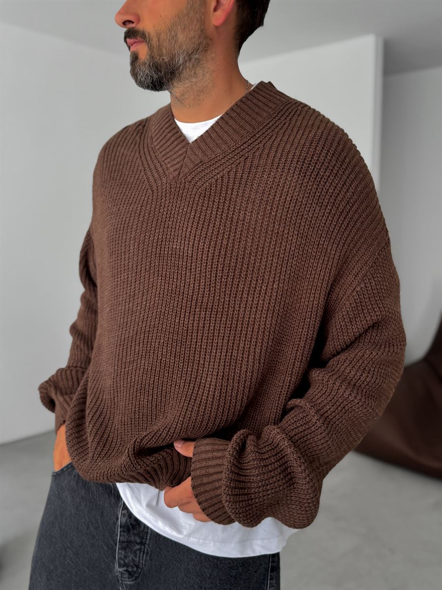 Premium Knitted V-Neck Sweater - Brown