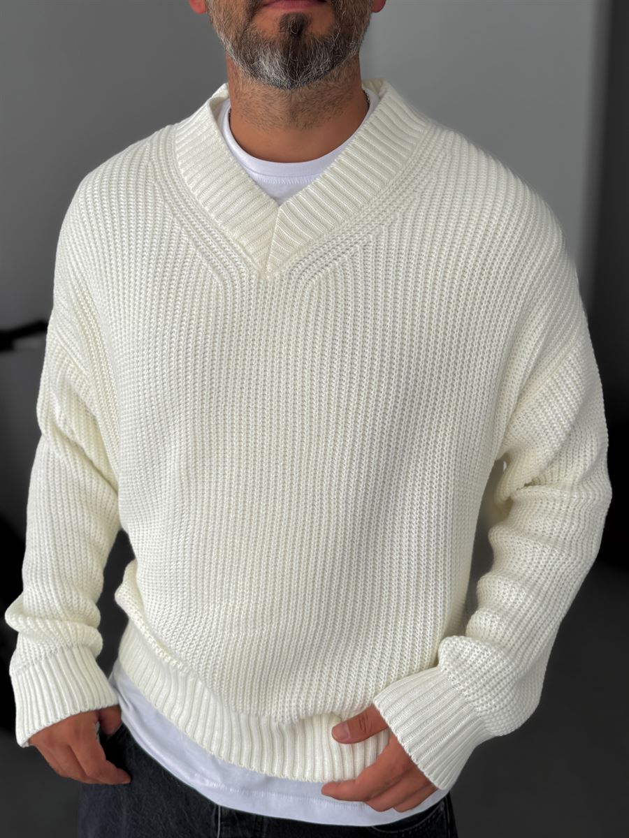 Premium Knitted V-Neck Sweater - White