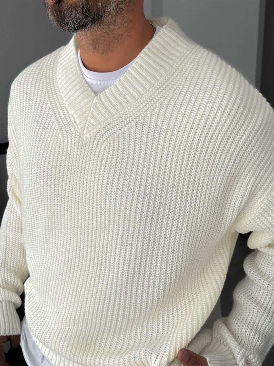 Premium Knitted V-Neck Sweater - White