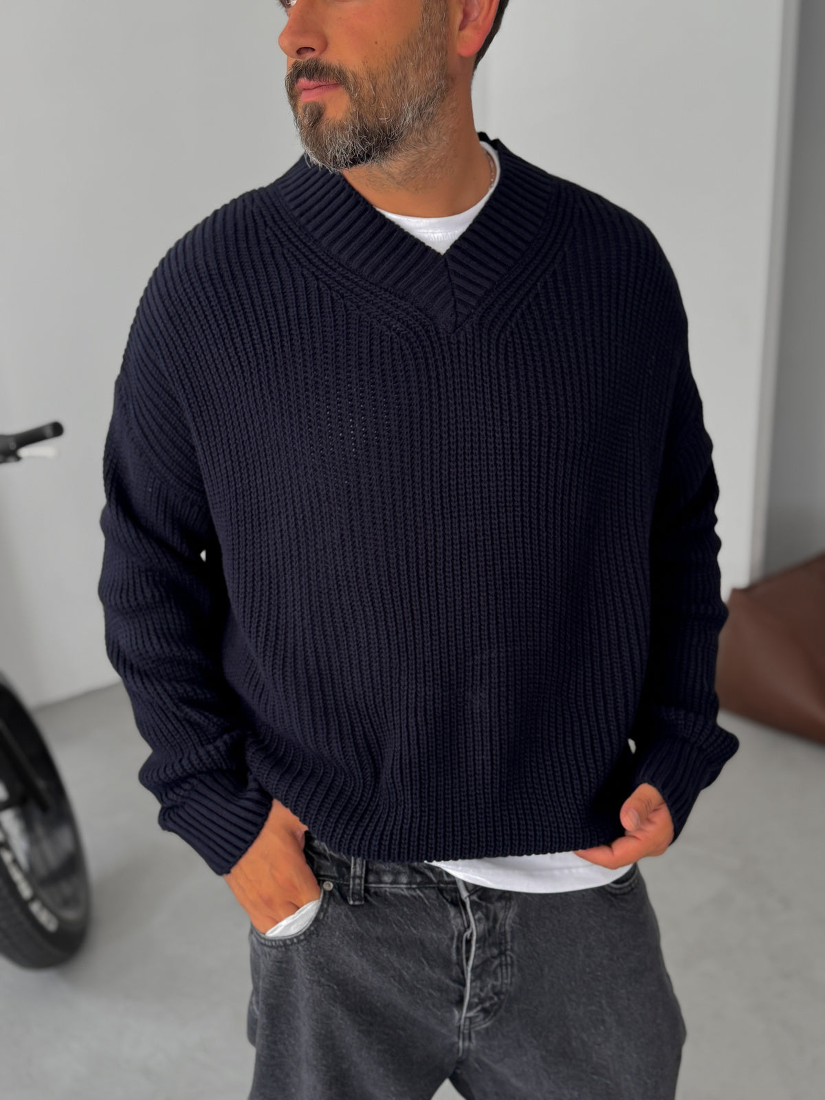 Premium Knitted V-Neck Sweater - Navy Blue