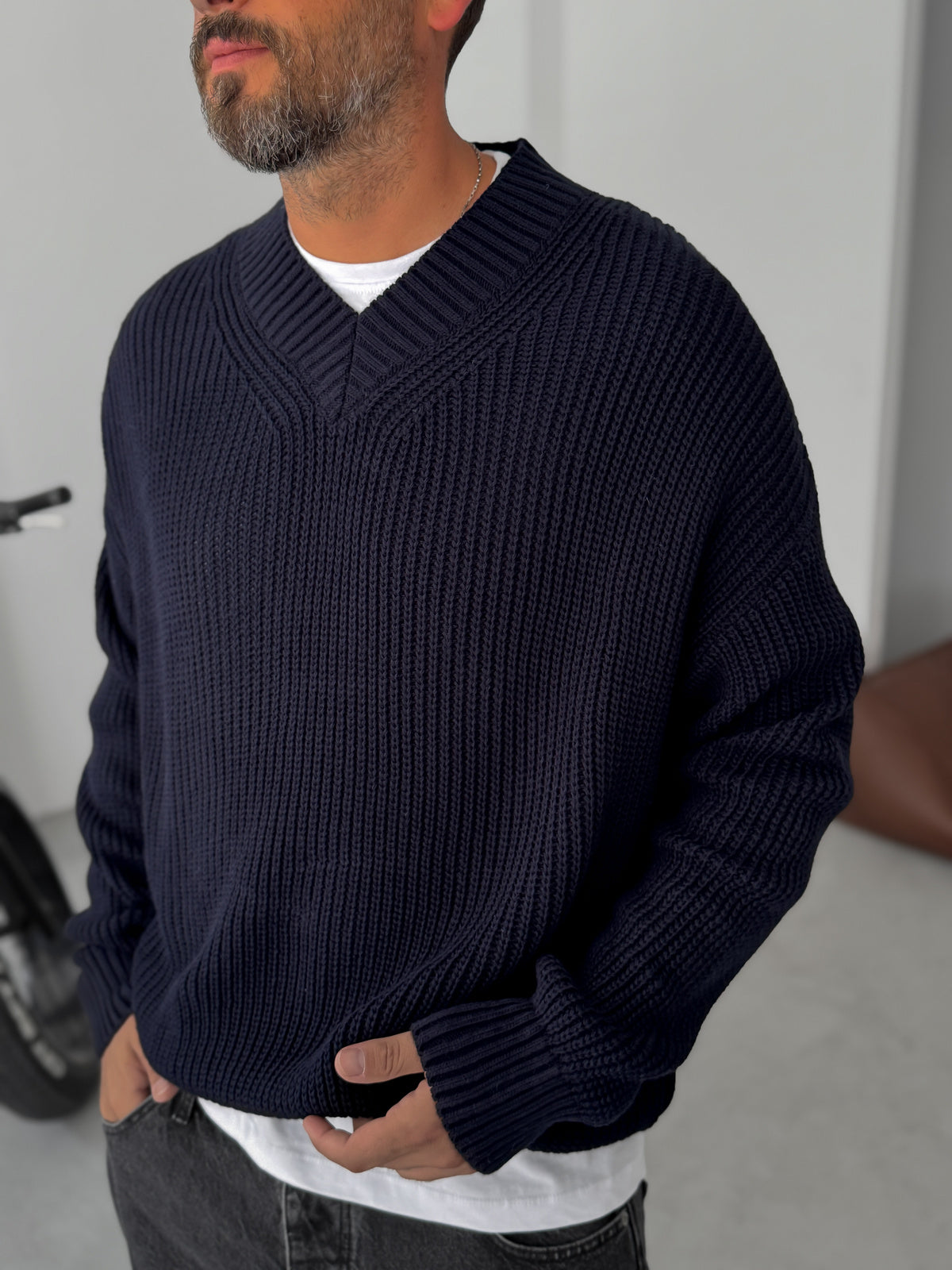 Premium Knitted V-Neck Sweater - Navy Blue