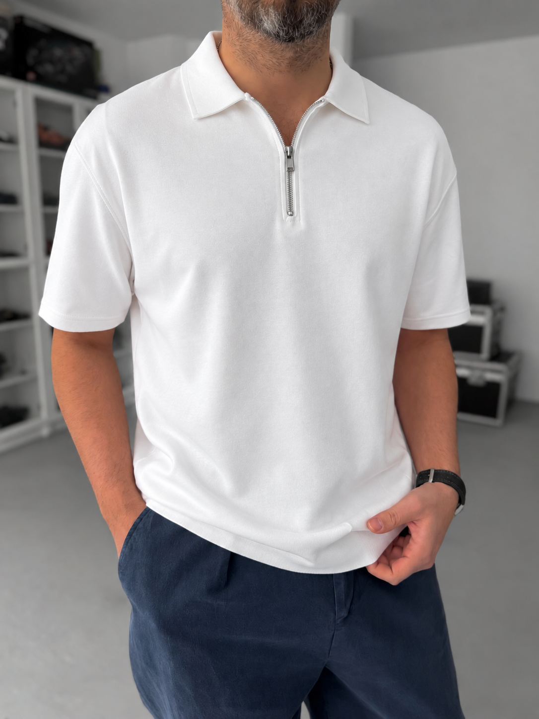 White Basic Half Zipper T-Shirt - Broek