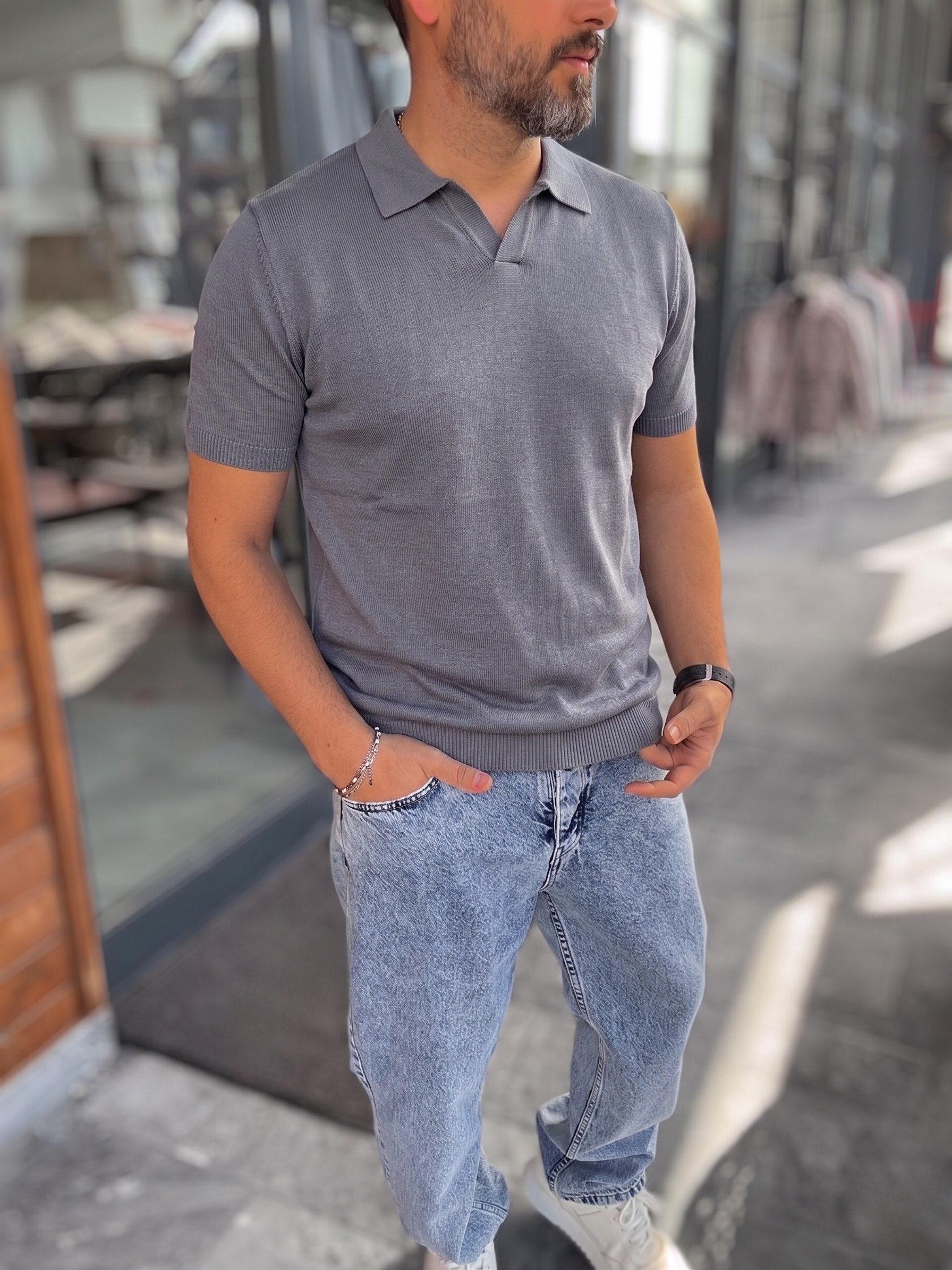 Knitted Polo T-Shirt – Dark Grey