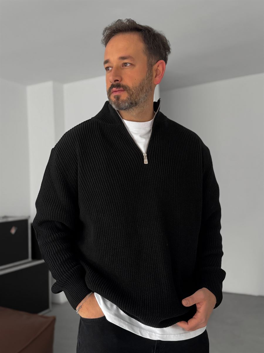 Premium Ribbed Quarter-Zip Knit Sweater - Black