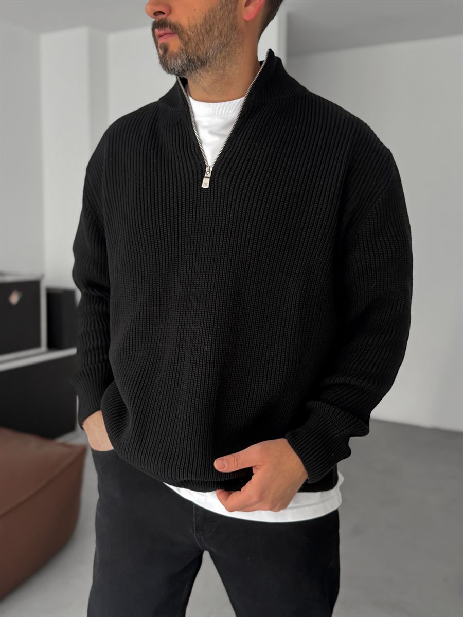 Premium Ribbed Quarter-Zip Knit Sweater - Black