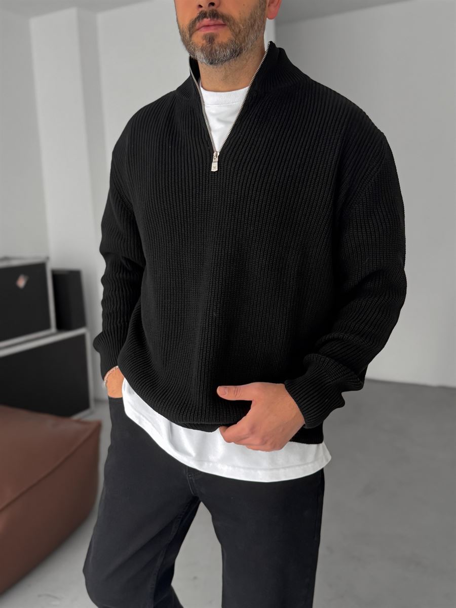 Premium Ribbed Quarter-Zip Knit Sweater - Black