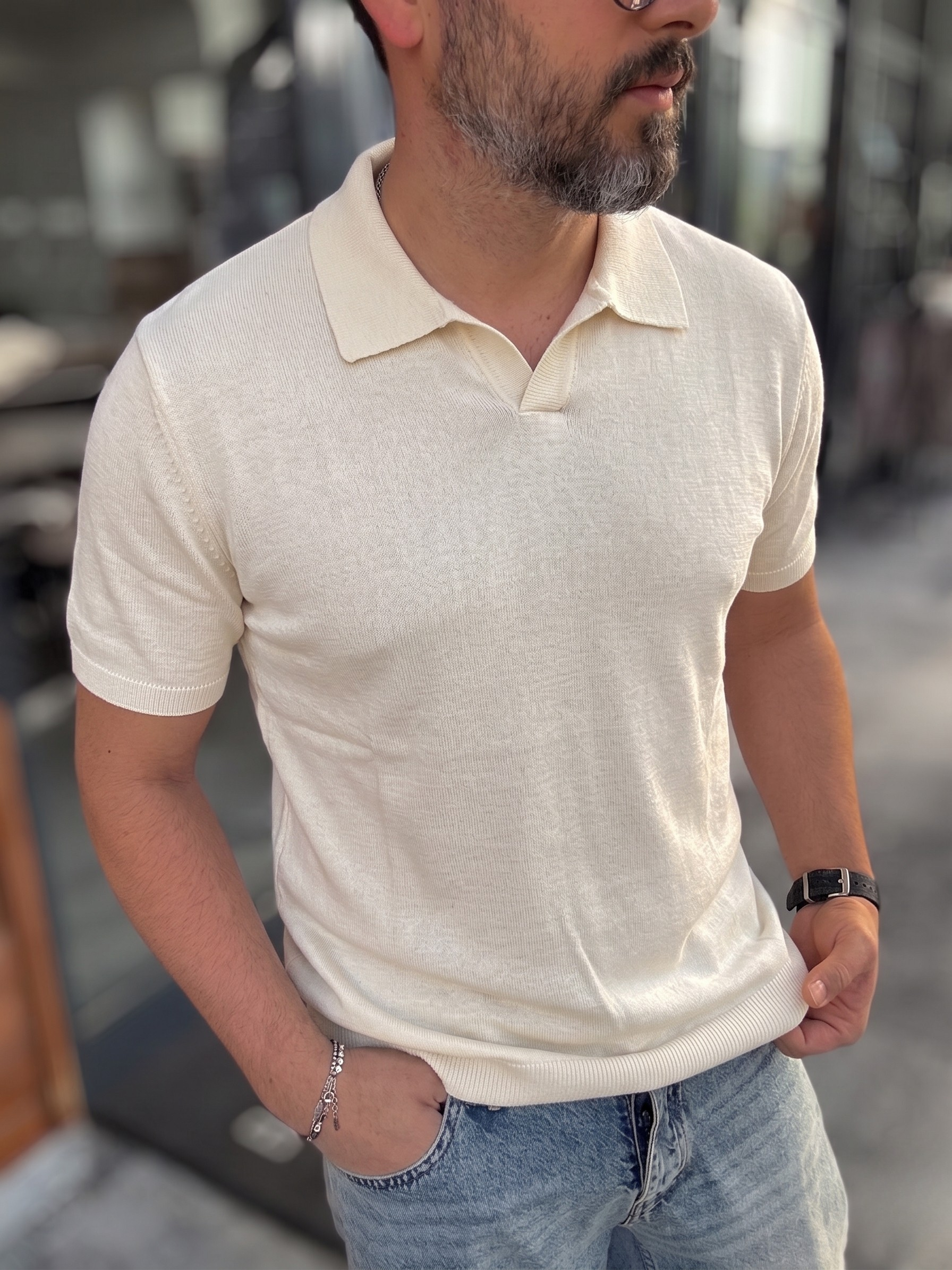 Knitted Polo T-Shirt – Beige