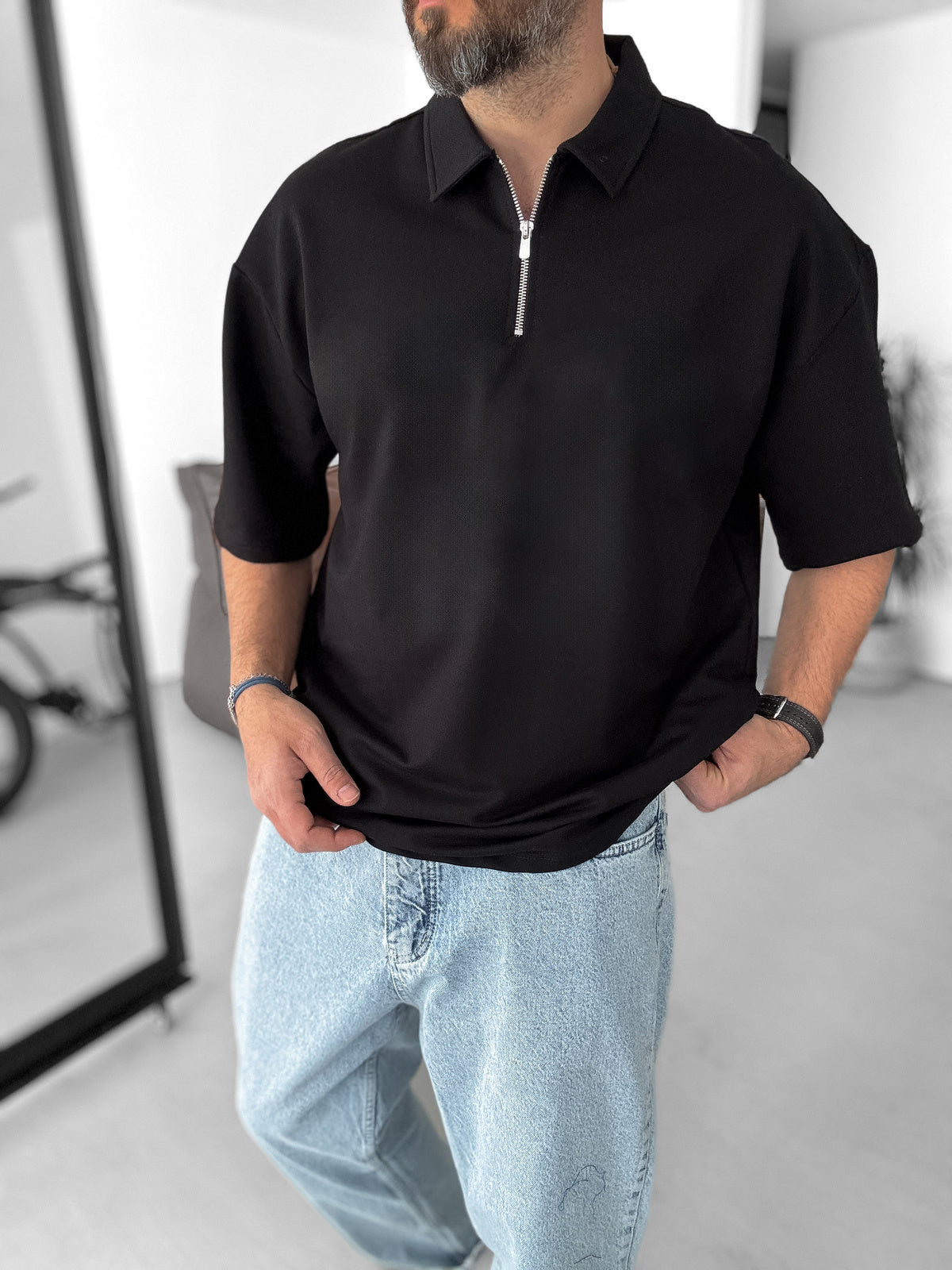 Black Basic Half Zipper T-Shirt