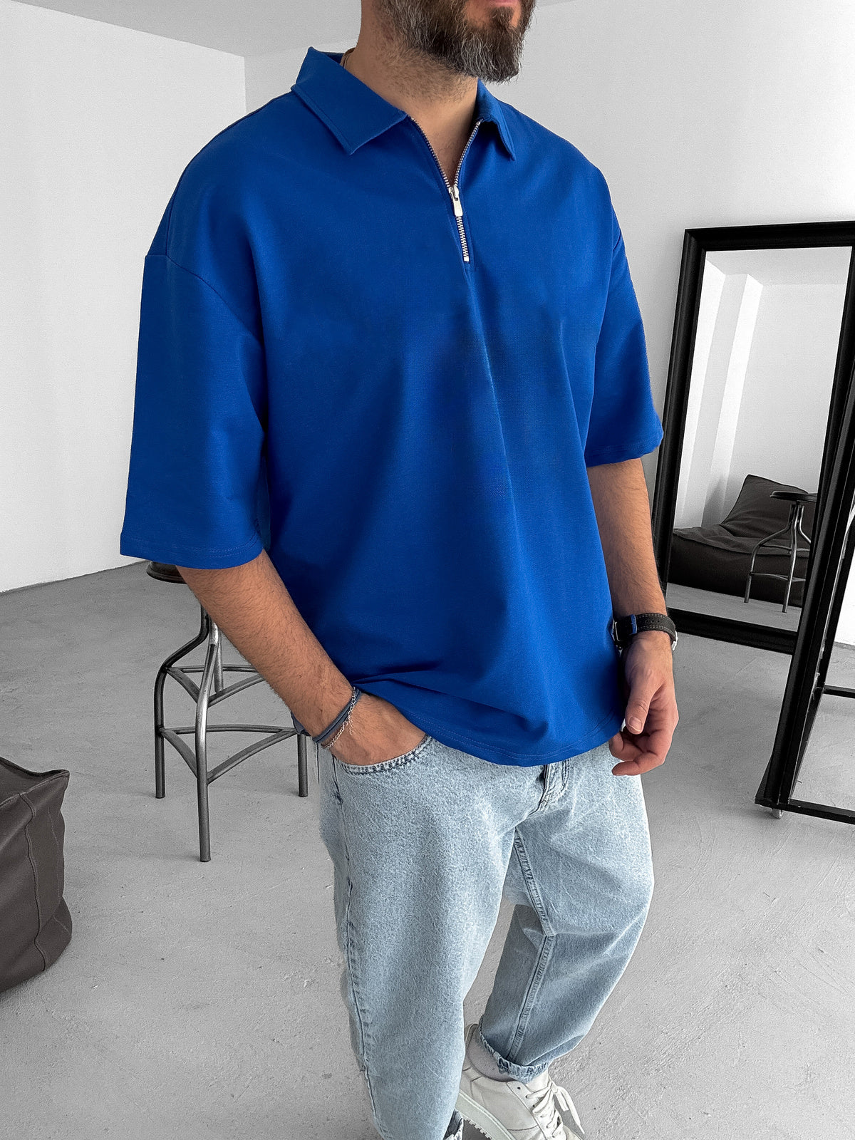 Blue Basic Half Zipper T-Shirt