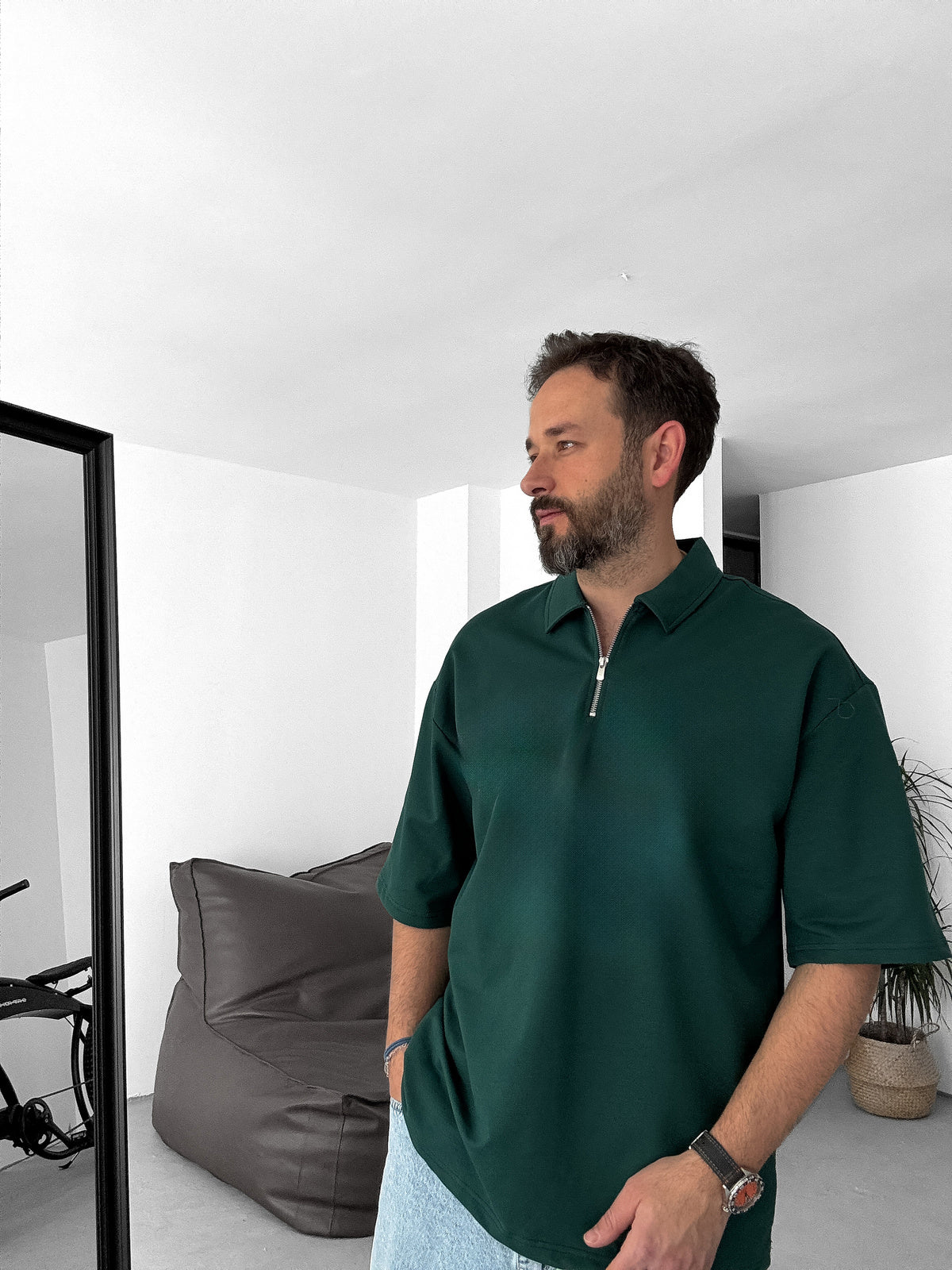 Olive-Green Basic Half Zipper T-Shirt