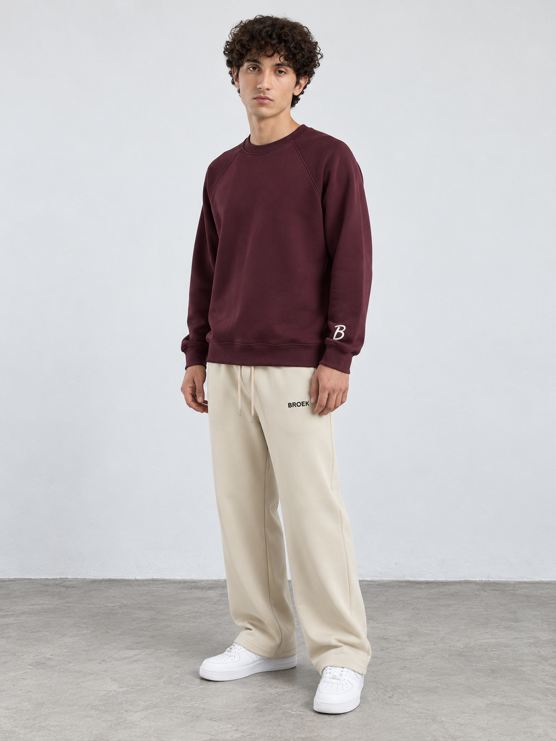 CS04 full outfit, crewneck fully untucked, male model wearing M