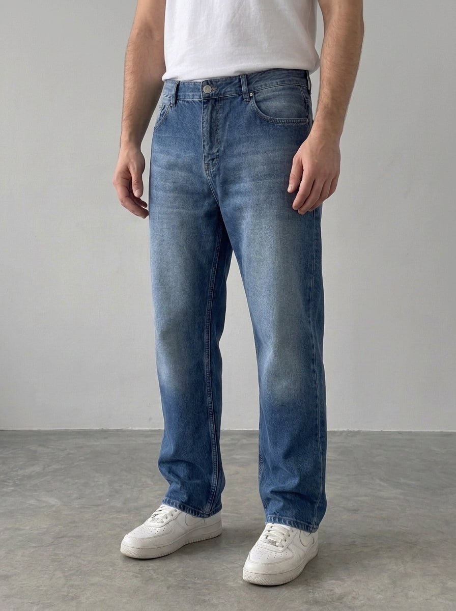 BROEK dark blue relaxed fit jeans — three-quarter front view