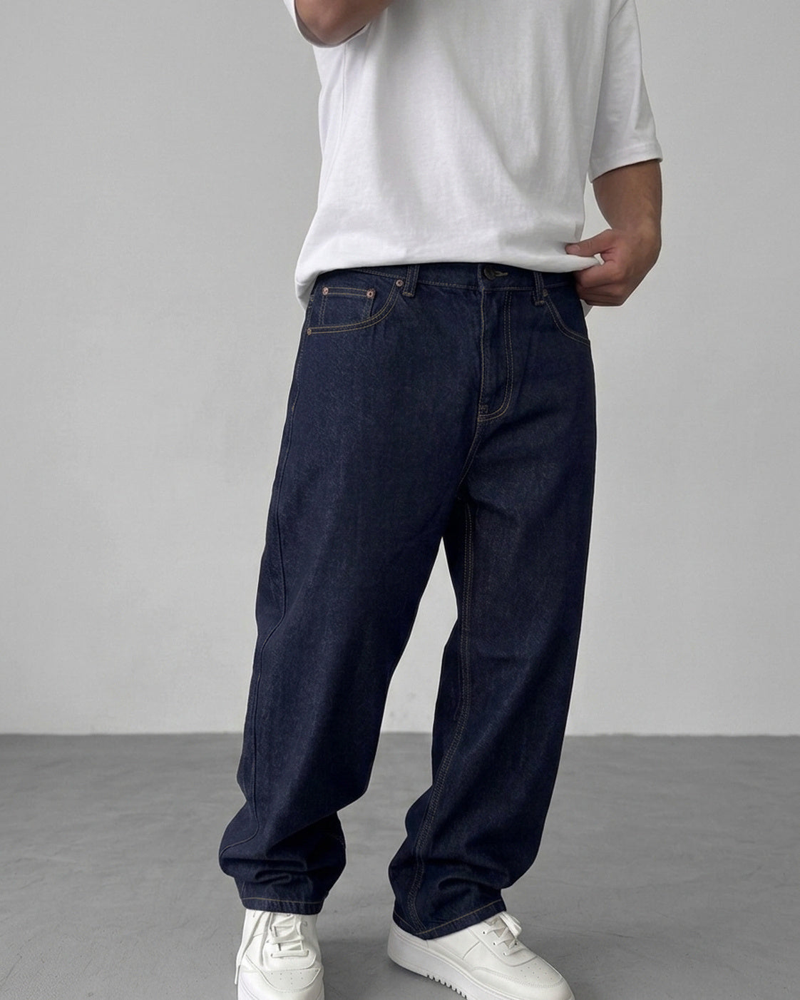 BROEK Raw Denim Relaxed Fit Jeans - front angle