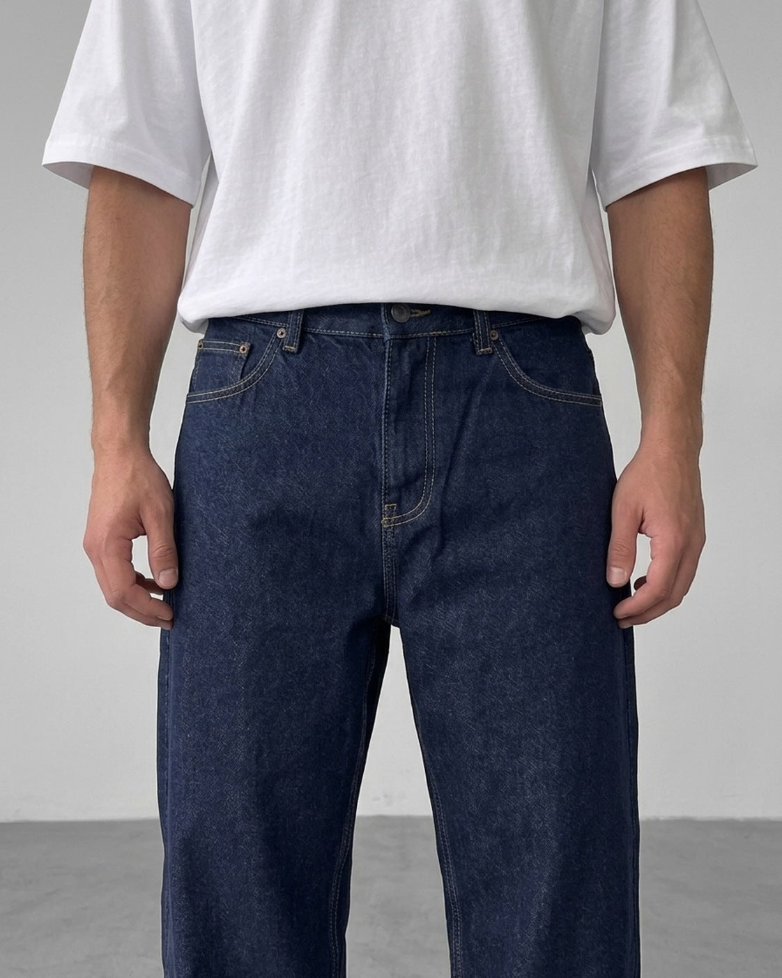 BROEK Raw Denim Relaxed Fit Jeans - front pocket and stitching detail