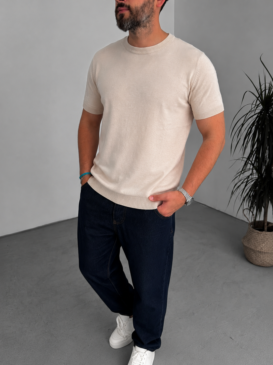 Beige Crewneck Knitted Tee