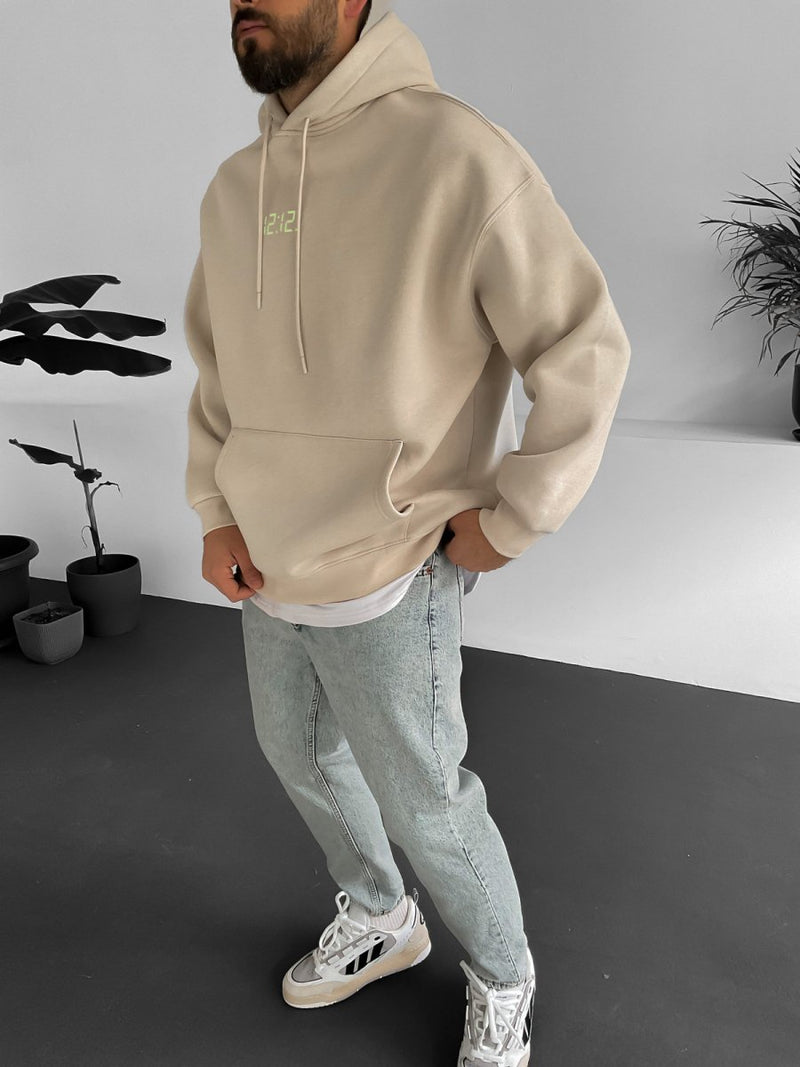 Beige "12:12" Printed Oversize Hoodie