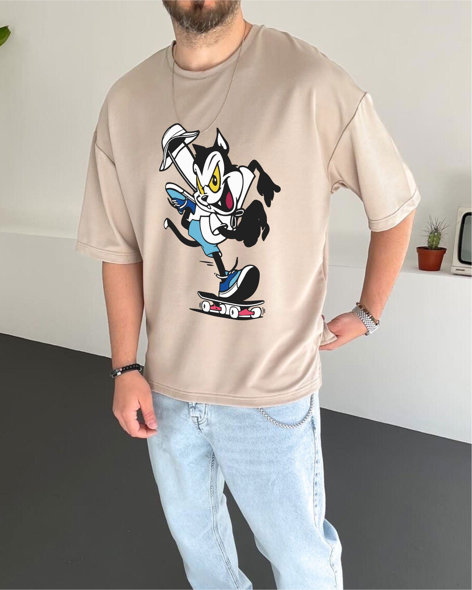 Beige "Cat" Printed Oversize T-Shirt - Broek