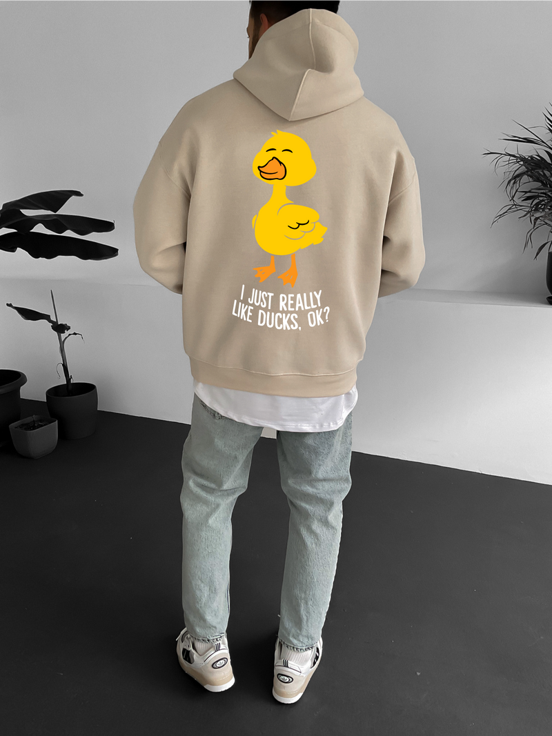 Beige "Duck Lover" Printed Oversize Hoodie