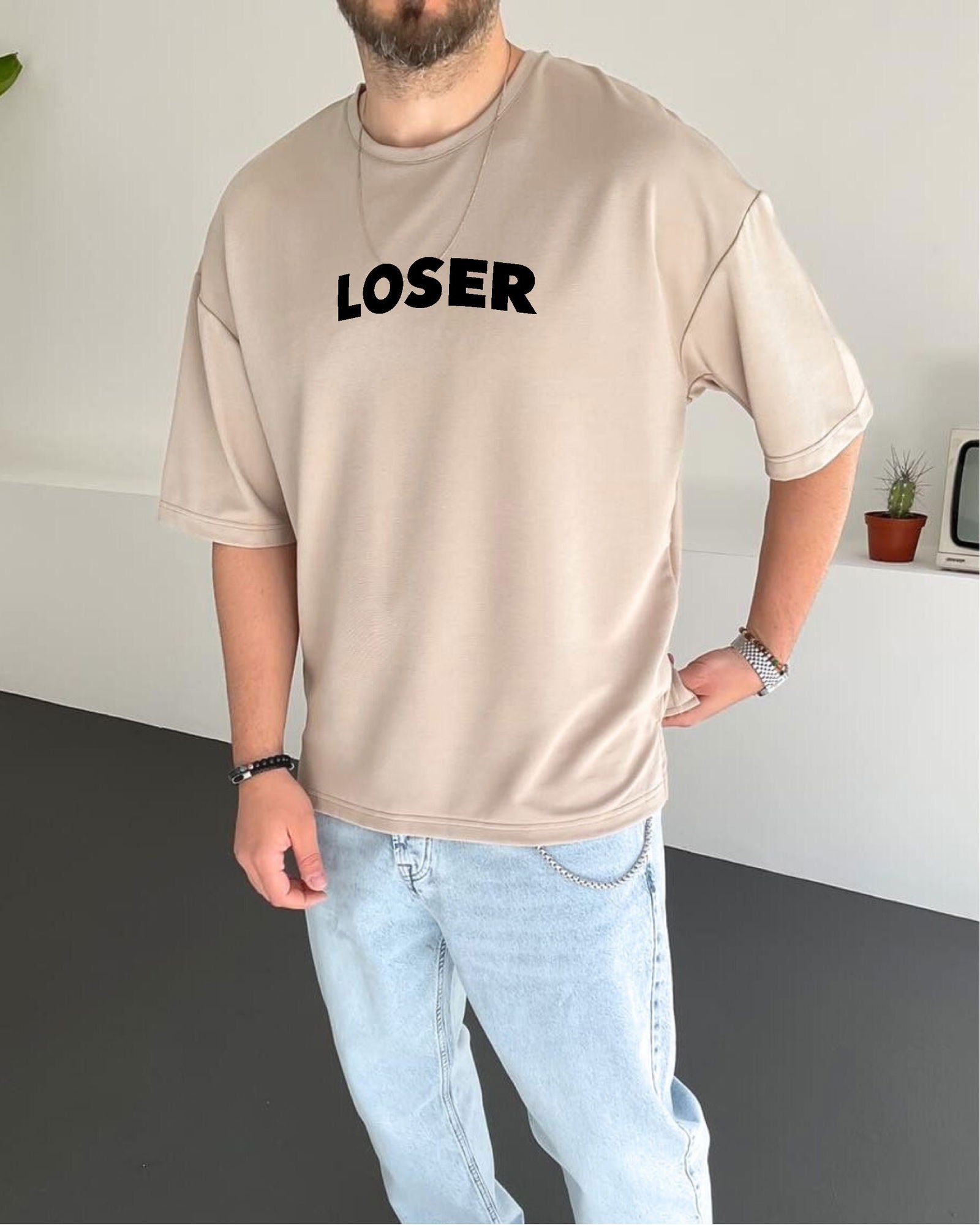 Beige "Loser" Printed Oversize T-Shirt - Broek