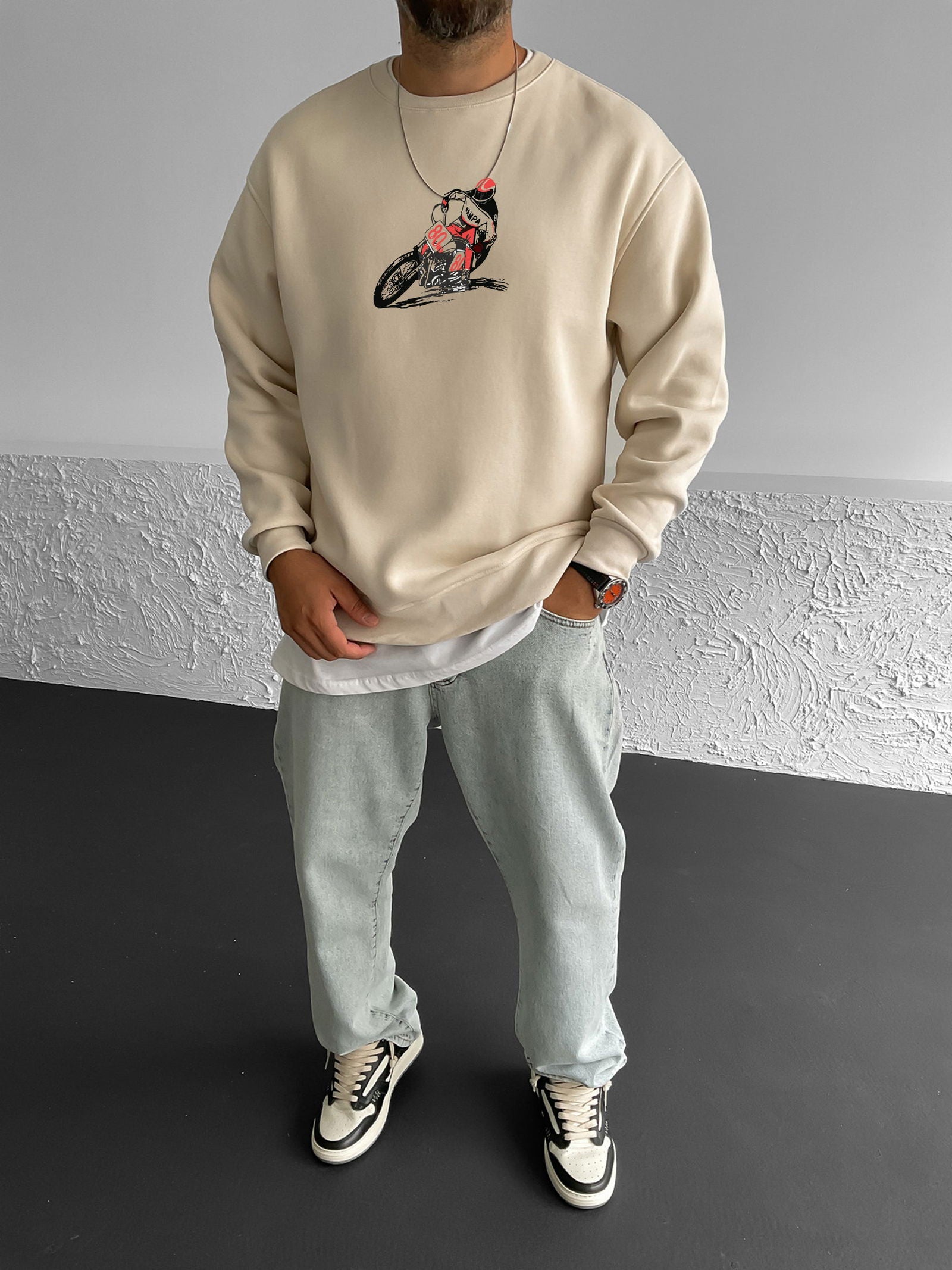 Beige "Racing" Printed Oversize Sweatshirt - Broek