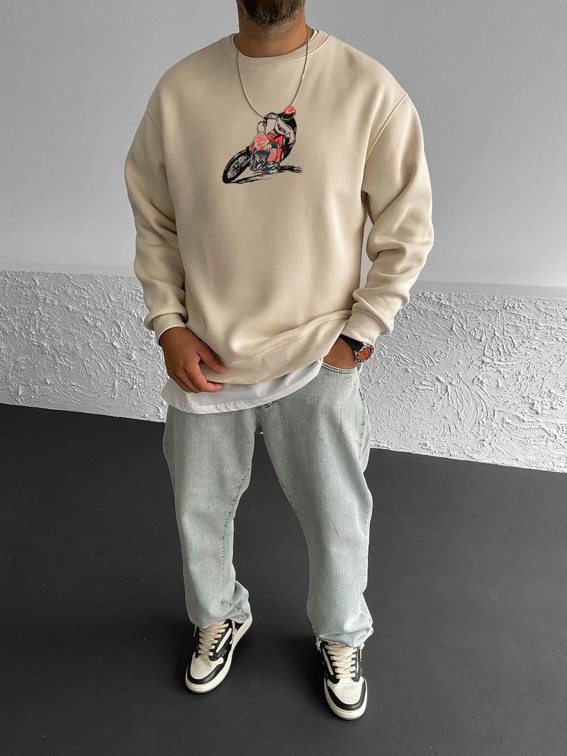 Beige "Racing" Printed Oversize Sweatshirt