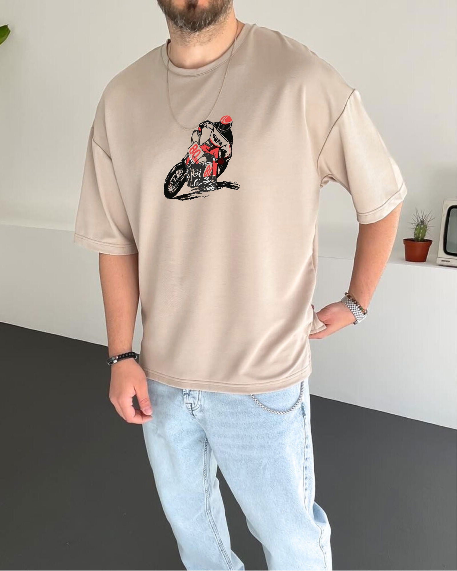 Beige "Racing" Printed Oversize T-Shirt - Broek