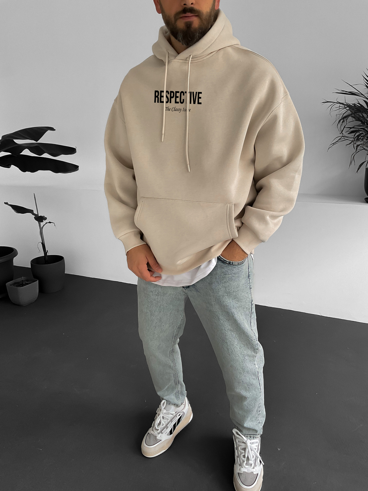 Beige "Respective " Printed Oversize Hoodie - Broek