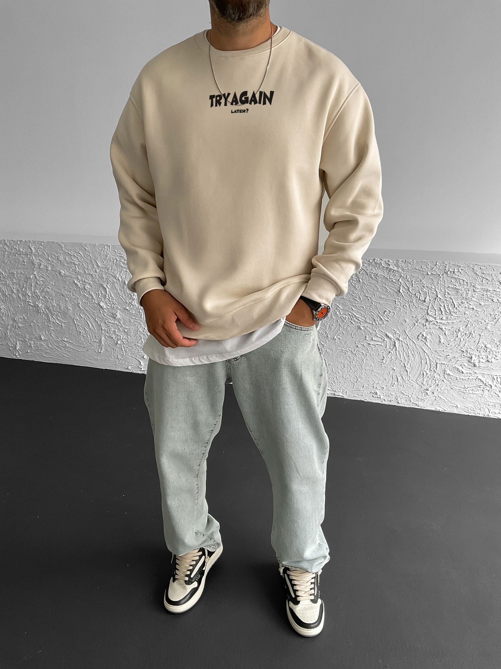 Beige "Try Again" Printed Oversize Sweatshirt - Broek