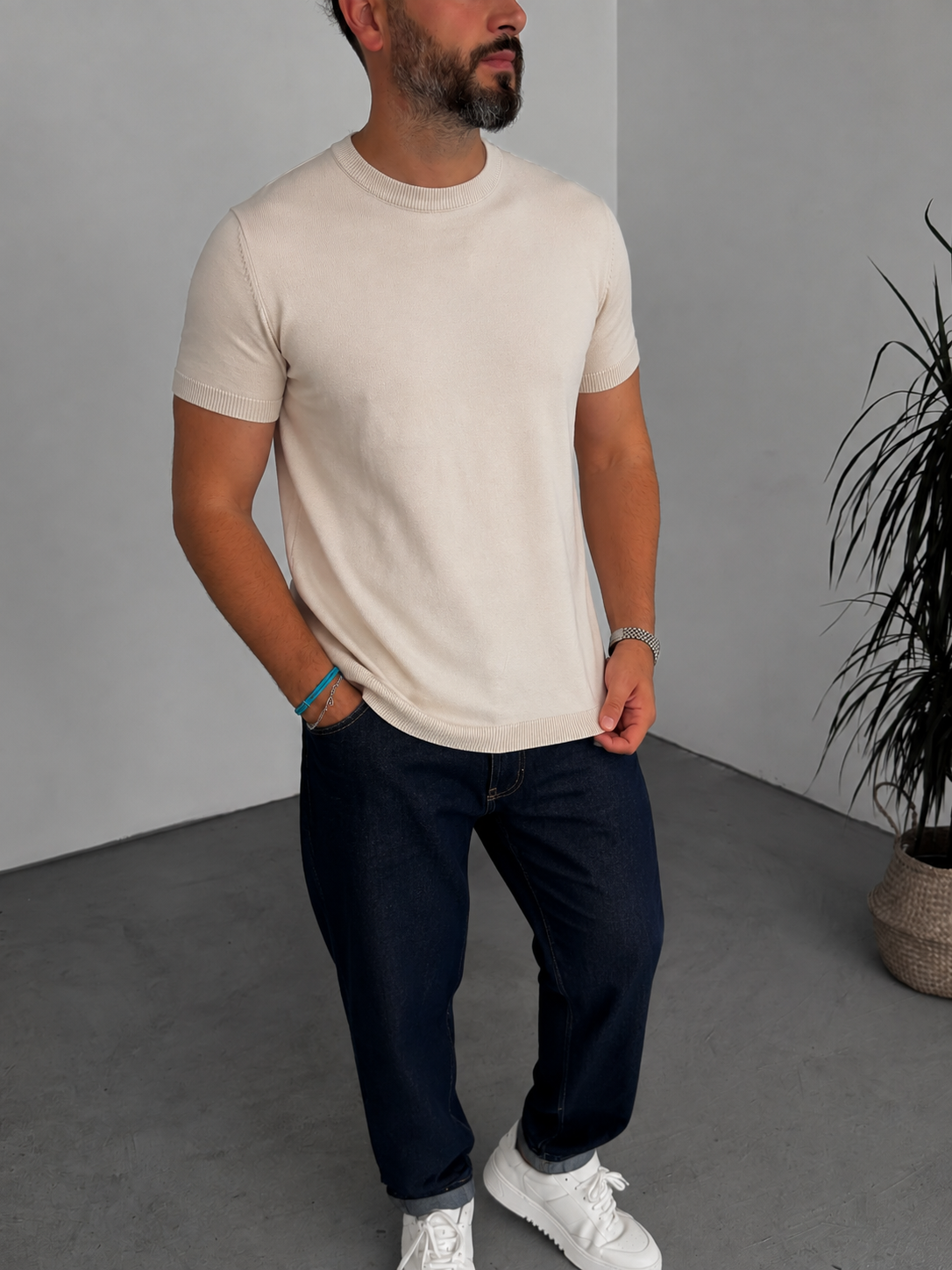 Beige Crewneck Knitted Tee