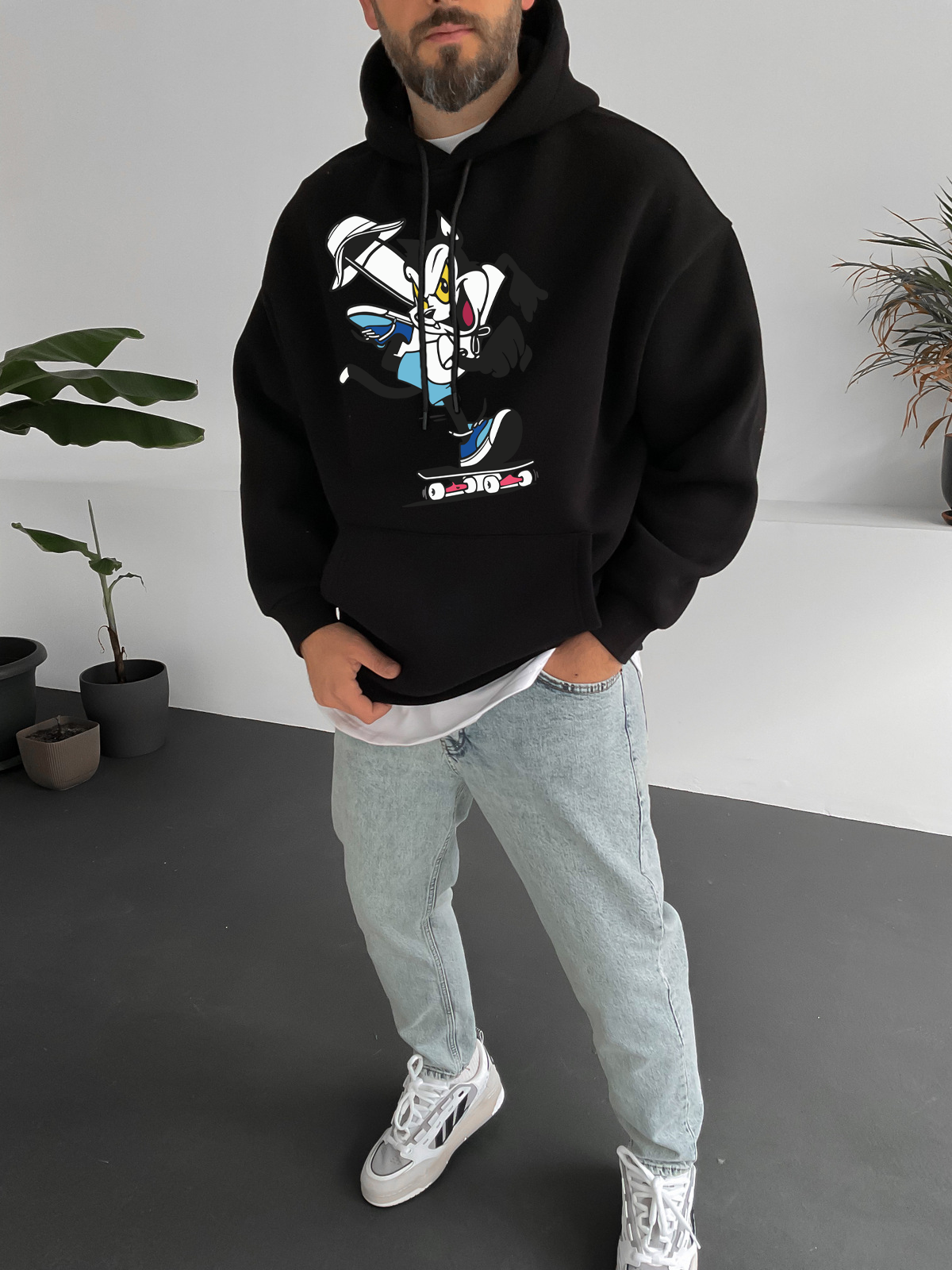 Black "Cat" Printed Oversize Hoodie - Broek
