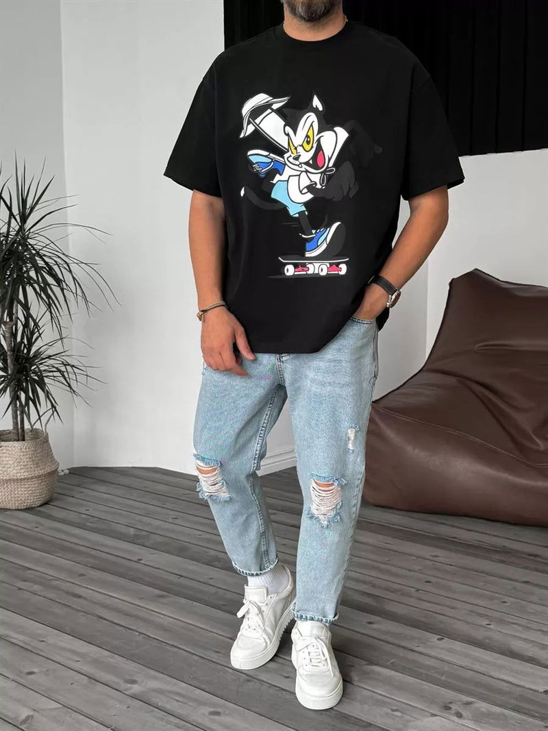 Black "Cat" Printed Oversize T-Shirt
