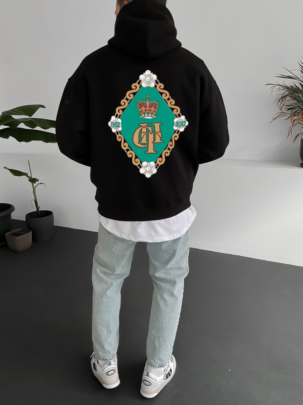 Black "Coat Of Arms" Printed Oversize Hoodie - Broek