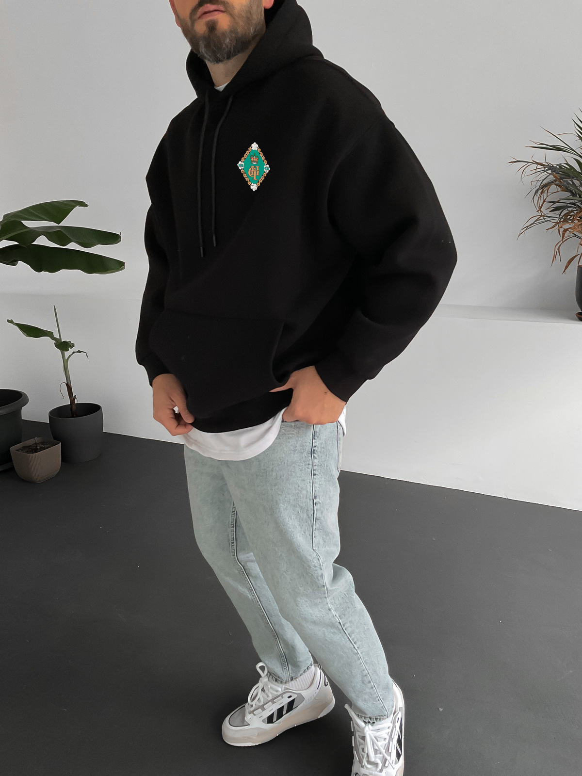 Black "Coat Of Arms" Printed Oversize Hoodie - Broek