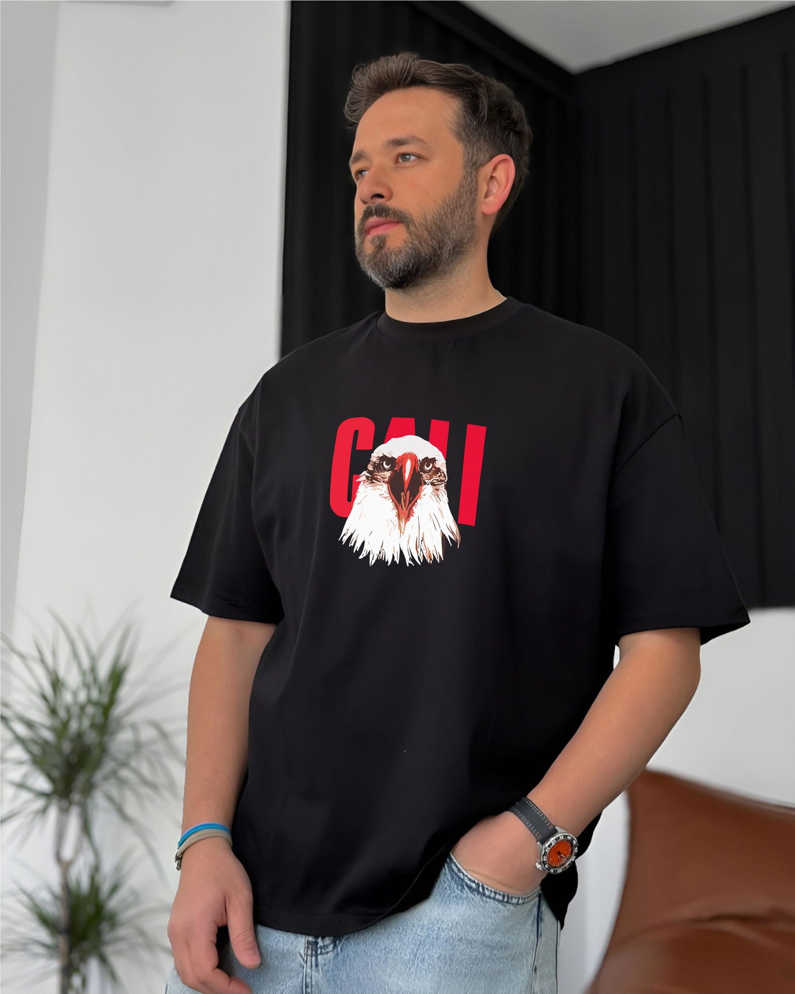 Black "Eagle" Printed Oversize T-Shirt - Broek