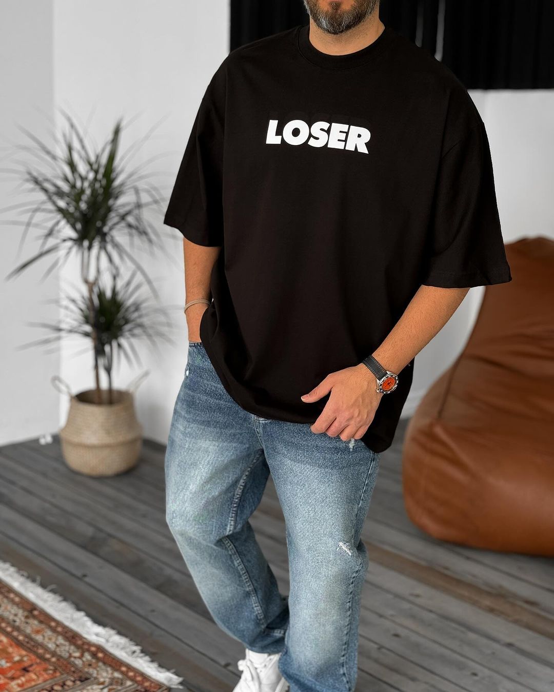 Black "Loser" Printed Oversize T-Shirt - Broek