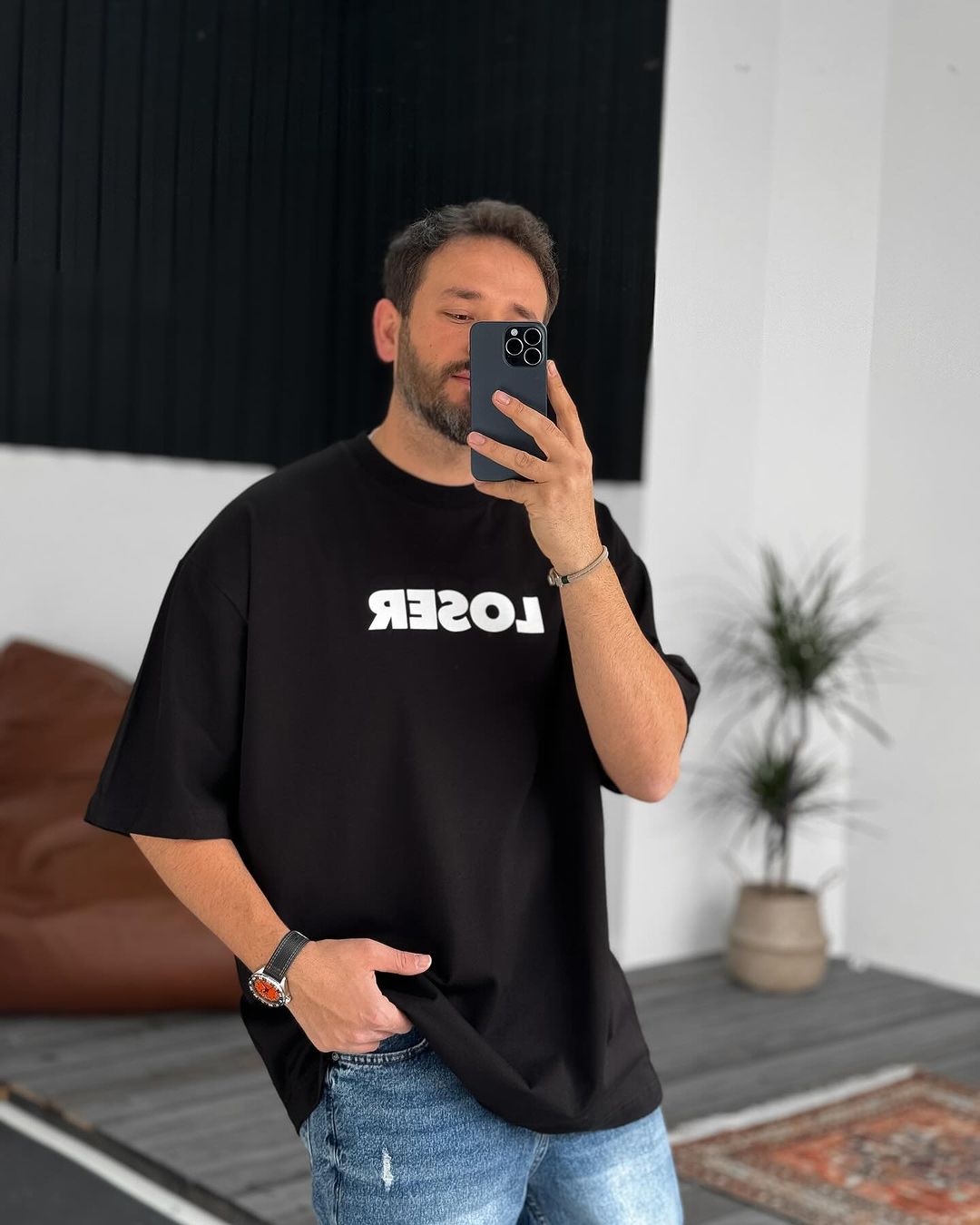 Black "Loser" Printed Oversize T-Shirt - Broek