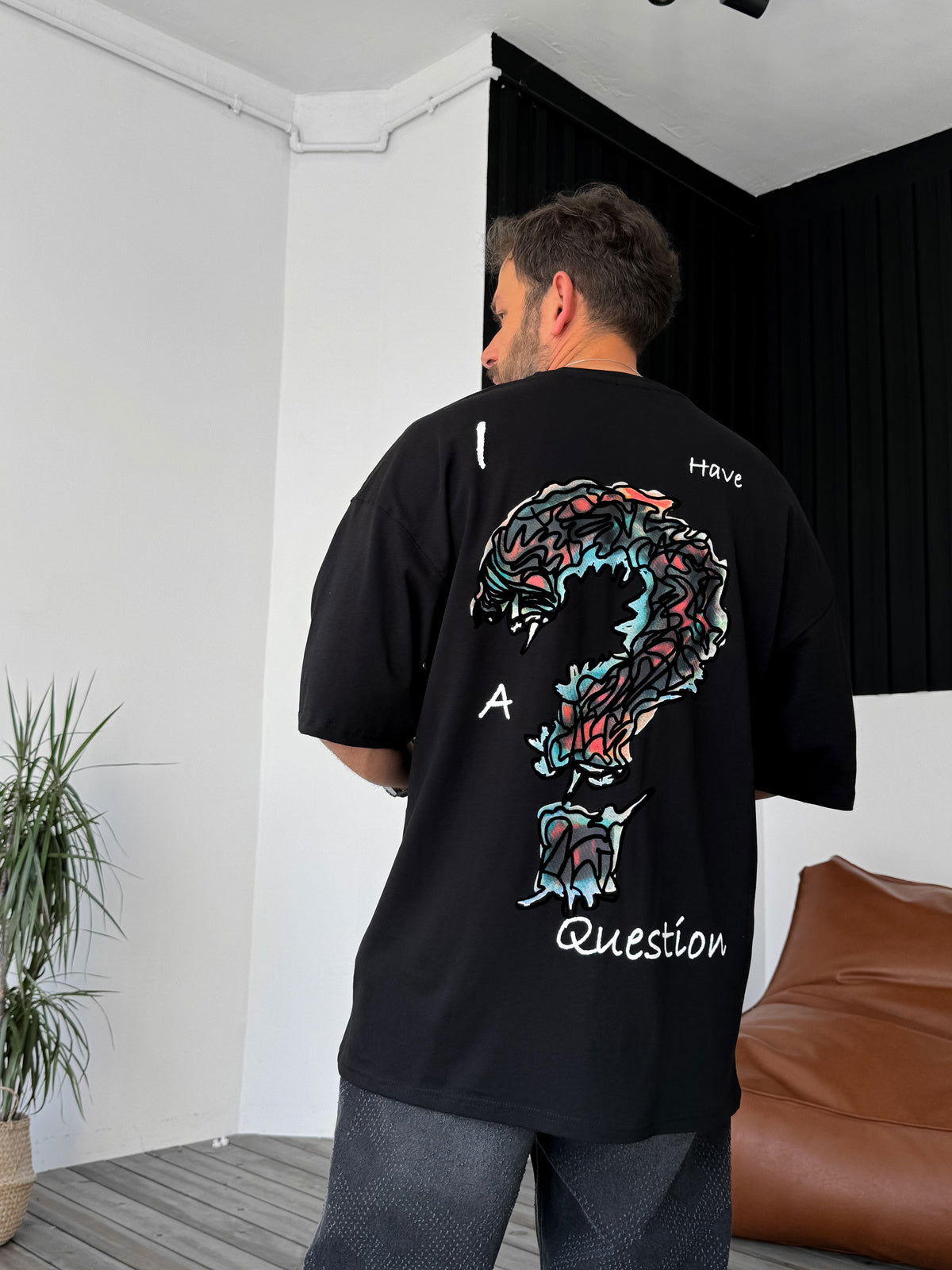 Black "Question" Printed Oversize T-Shirt - Broek