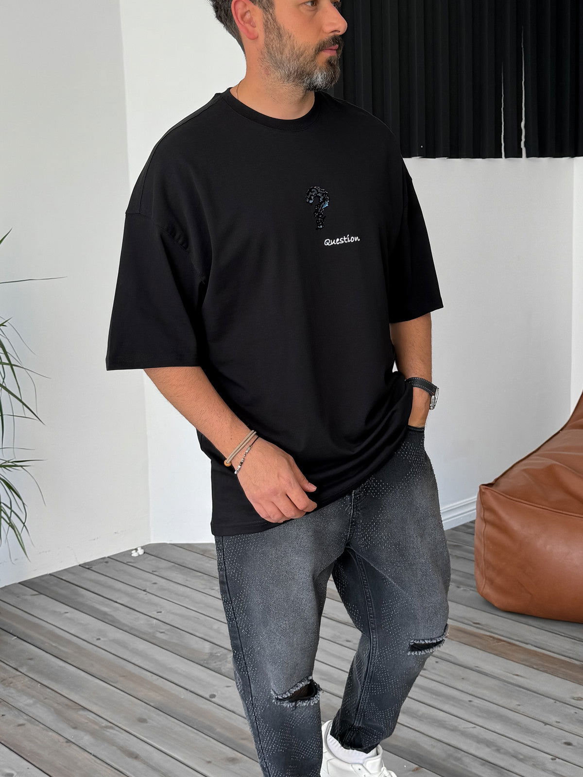 Black "Question" Printed Oversize T-Shirt - Broek
