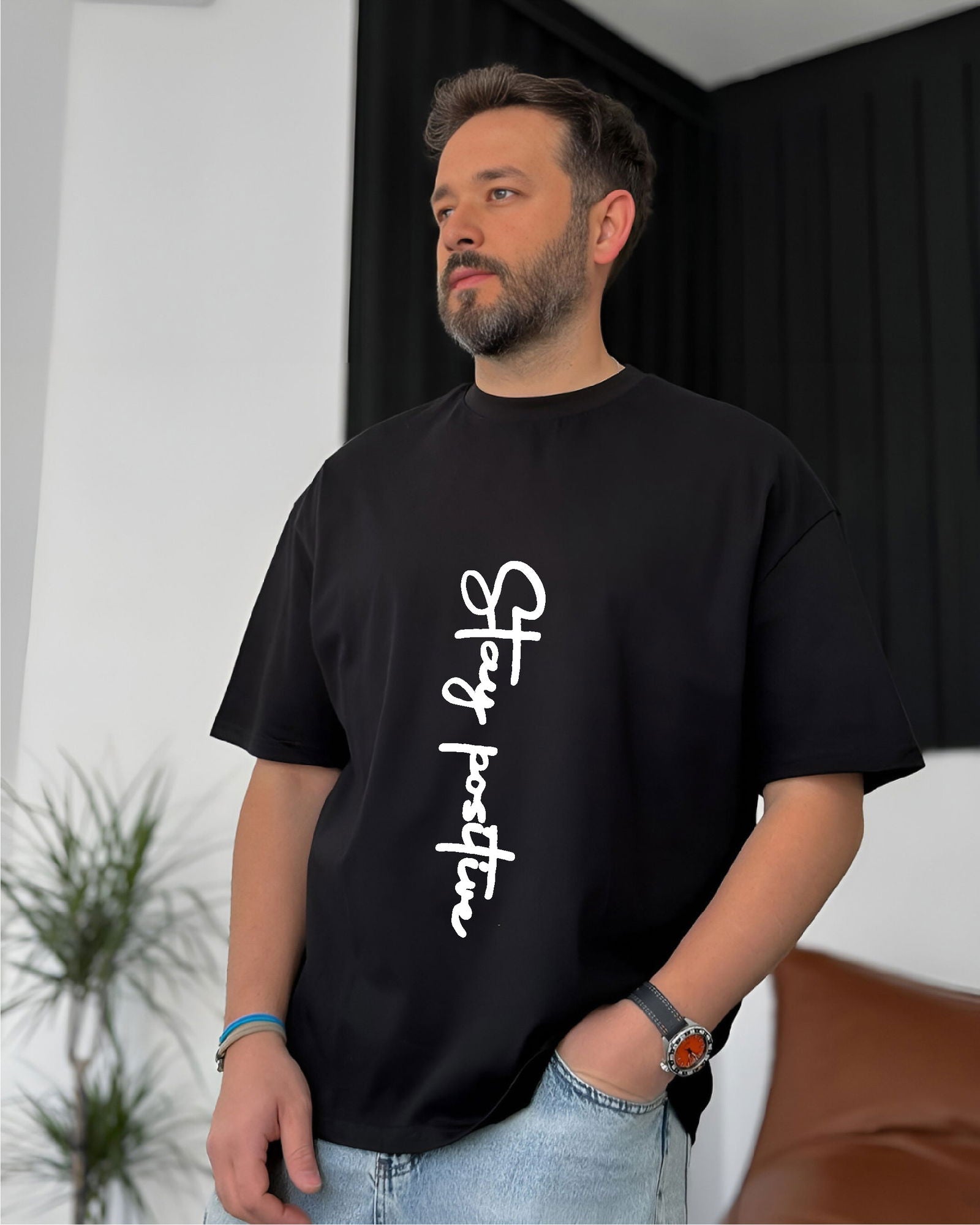 Black "Stay Positive" Printed Oversize T-Shirt - Broek