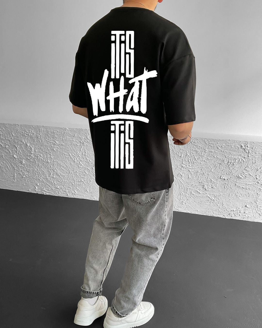 Black What Printed Oversize T-Shirt - Broek