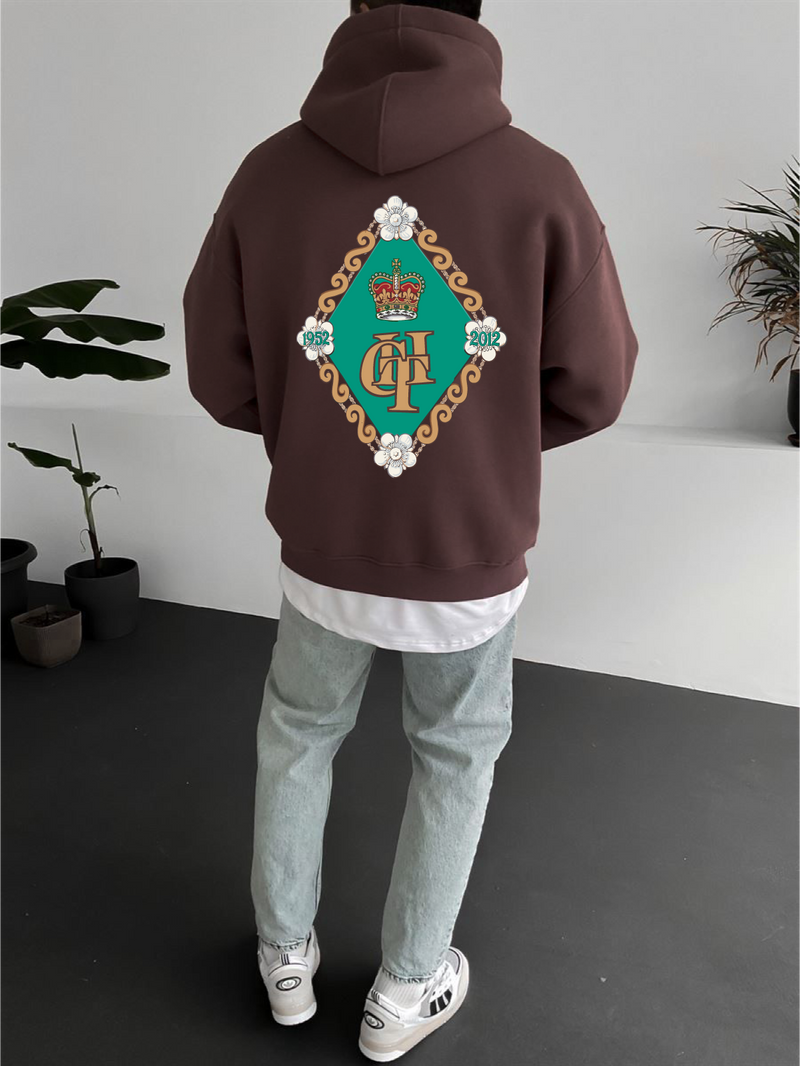 Brown "Coat Of Arms" Printed Oversize Hoodie