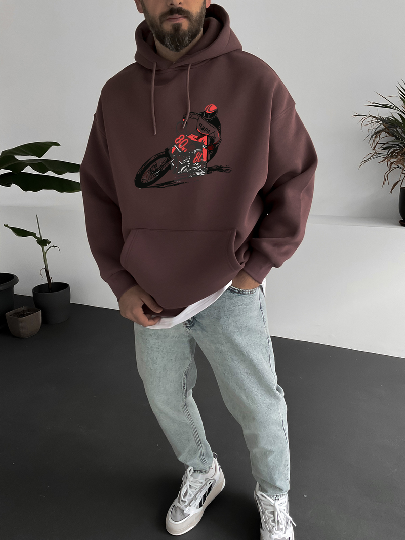 Brown "Racing" Printed Oversize Hoodie