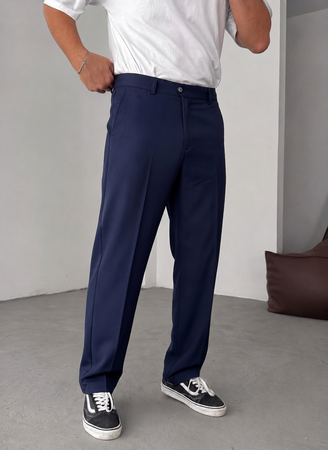 Wide Leg Chino Trousers - Navy Blue