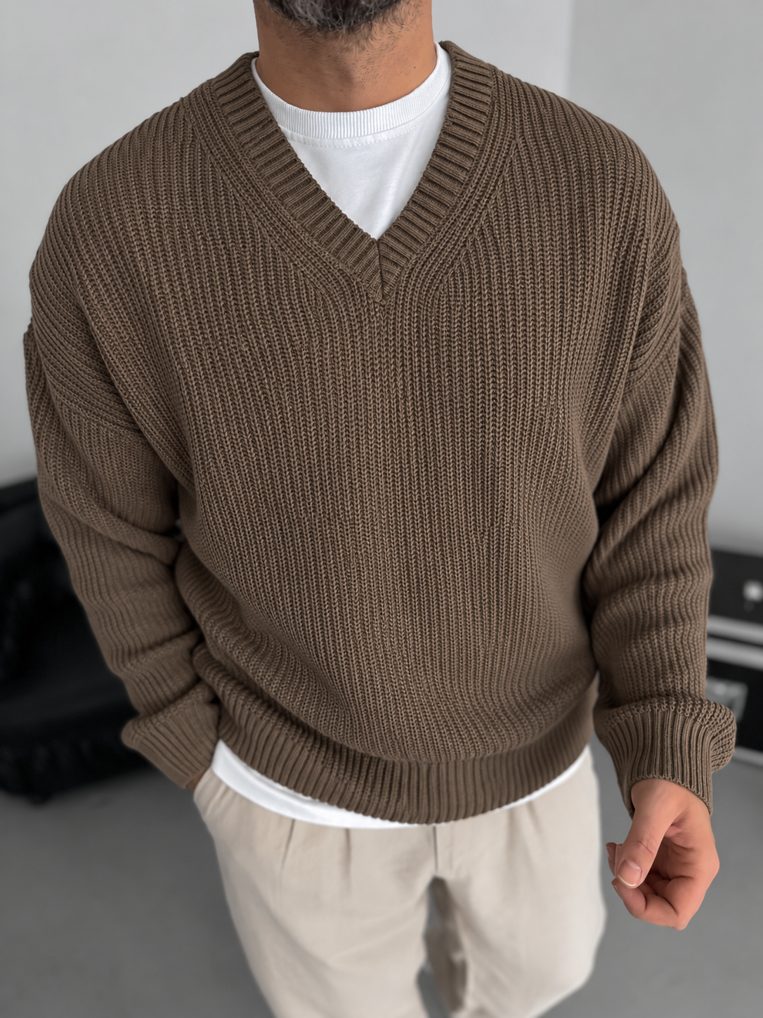 Premium Knitted V-Neck Sweater - Brown