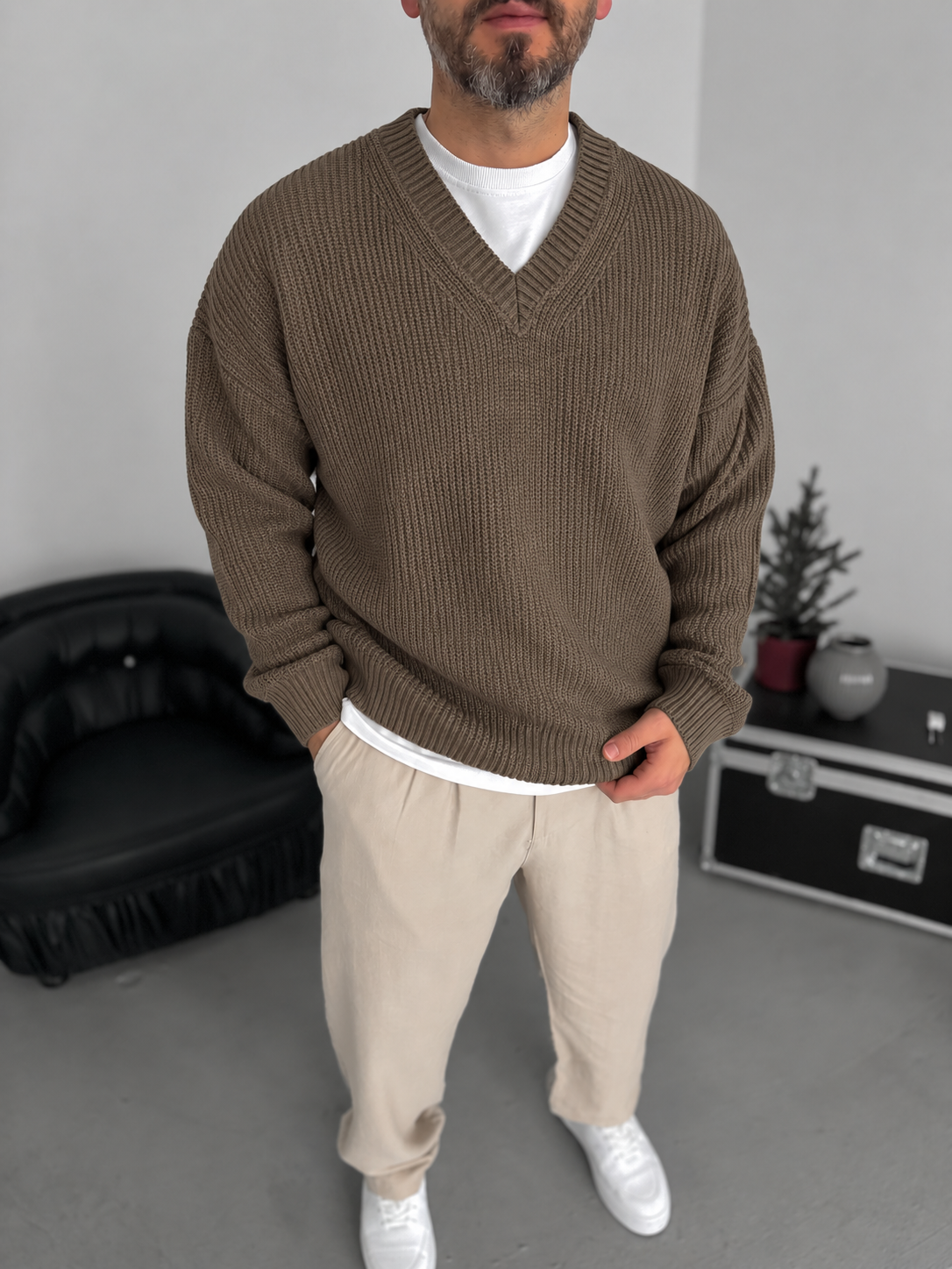 Premium Knitted V-Neck Sweater - Brown