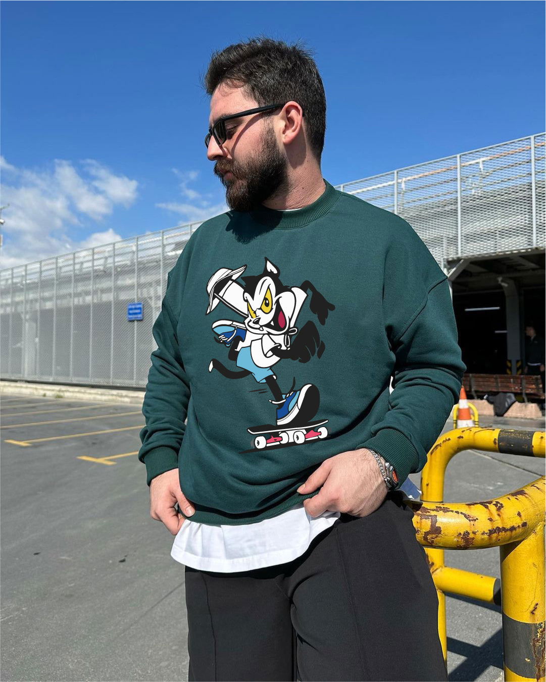 Dark Green "Cat" Printed Oversize Sweatshirt - Broek