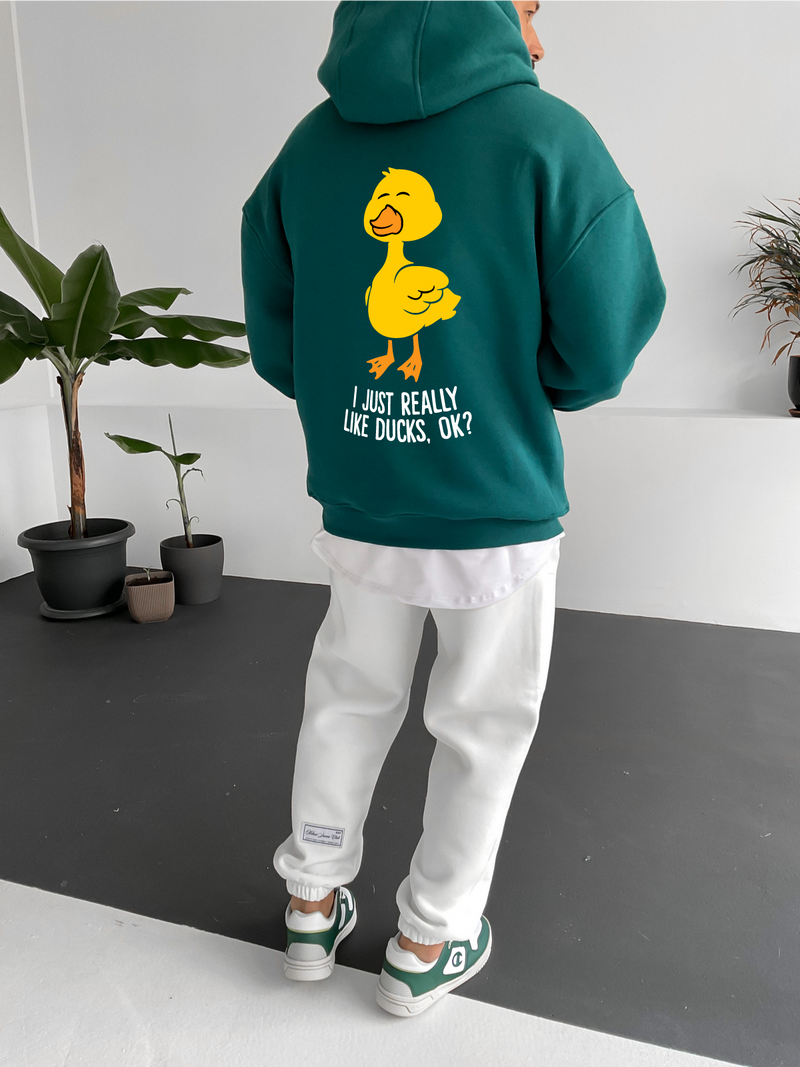 Dark Green "Duck Lover" Printed Oversize Hoodie