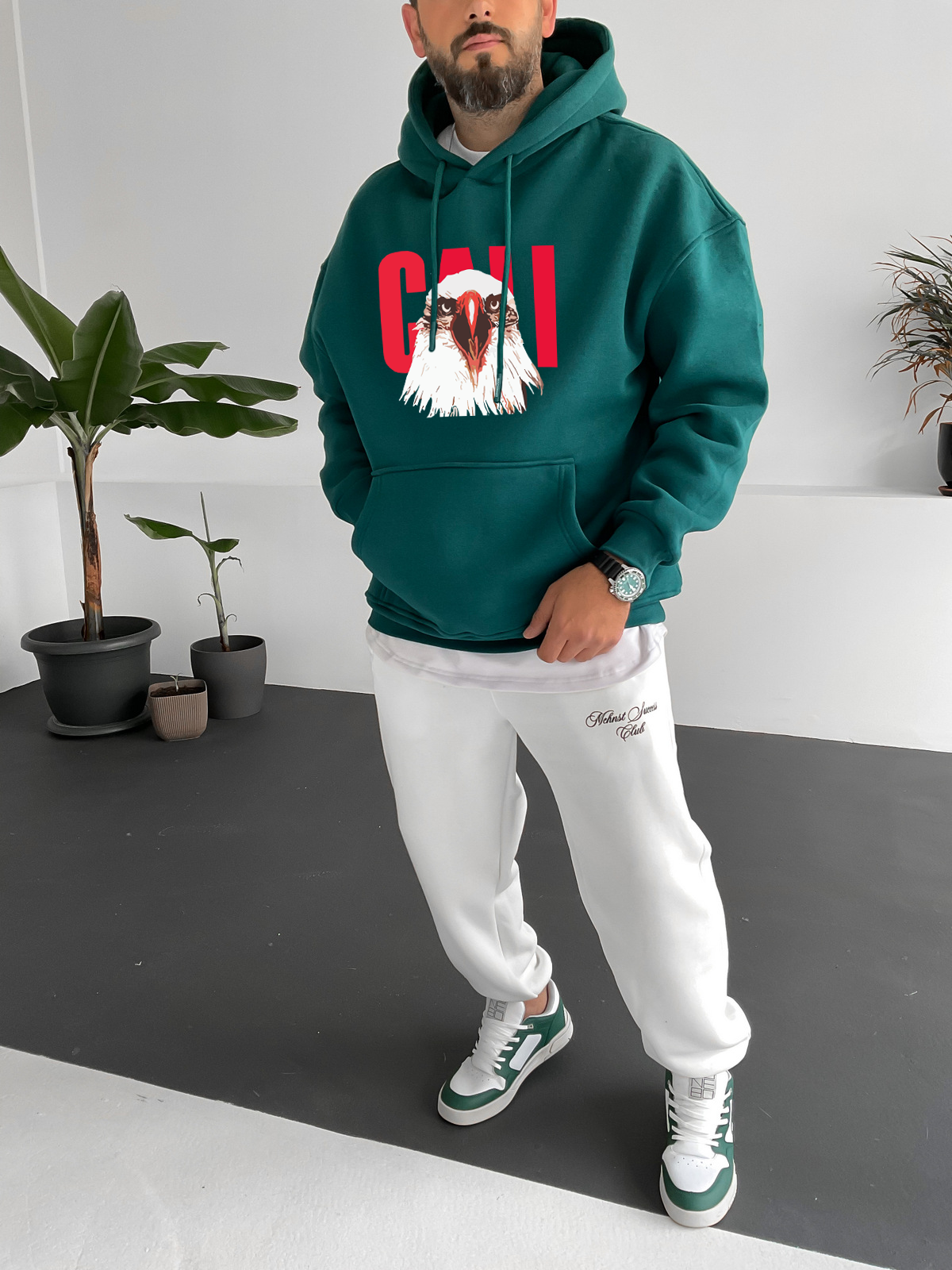 Dark Green "Eagle" Printed Oversize Hoodie - Broek