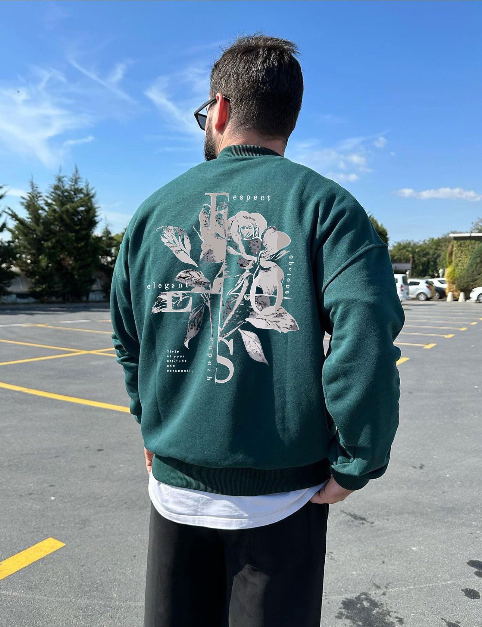 Dark Green "Flower" Printed Oversize Sweatshirt - Broek