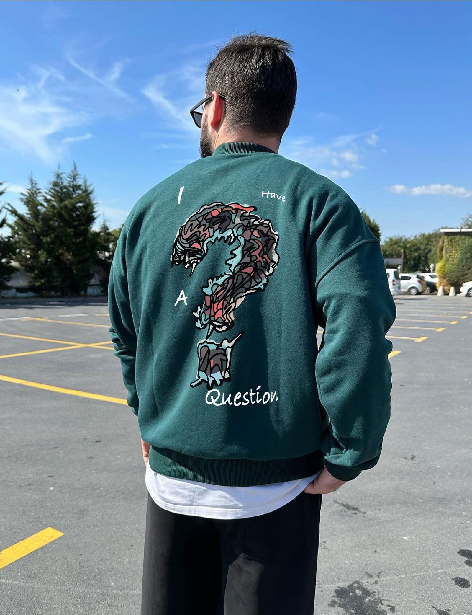 Dark Green "Question" Printed Oversize Sweatshirt - Broek
